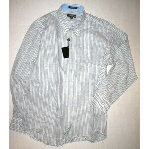 New Mens L NWT Guy Laroche Homme France Designer Shirt White Blue Striped Linen